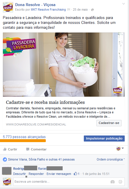 Post no Facebook para divulgar serviço de Lavadeira
