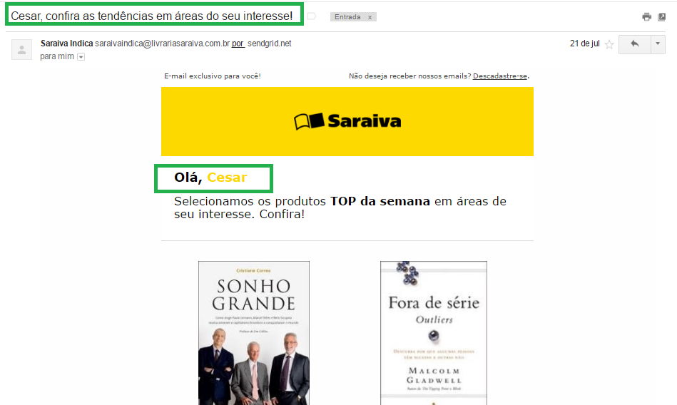 Email Marketing recebido da Saraiva