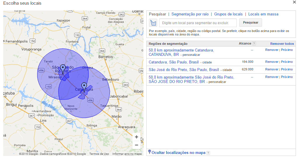 Locais da campanha no Google AdWords