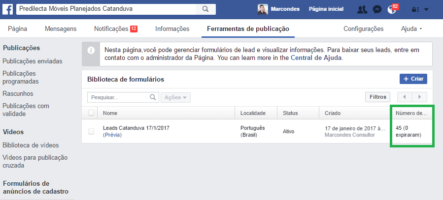 Resultado da Propaganda no Facebook com 45 leads gerados para loja de móveis planejados