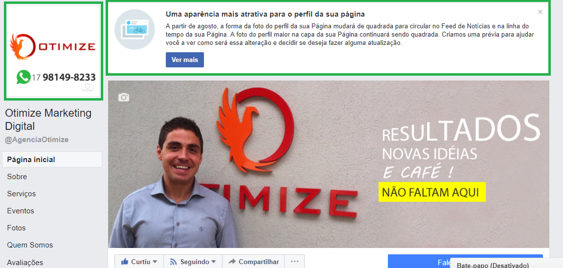 Facebook - página da OTIMIZE com foto de perfil antiga