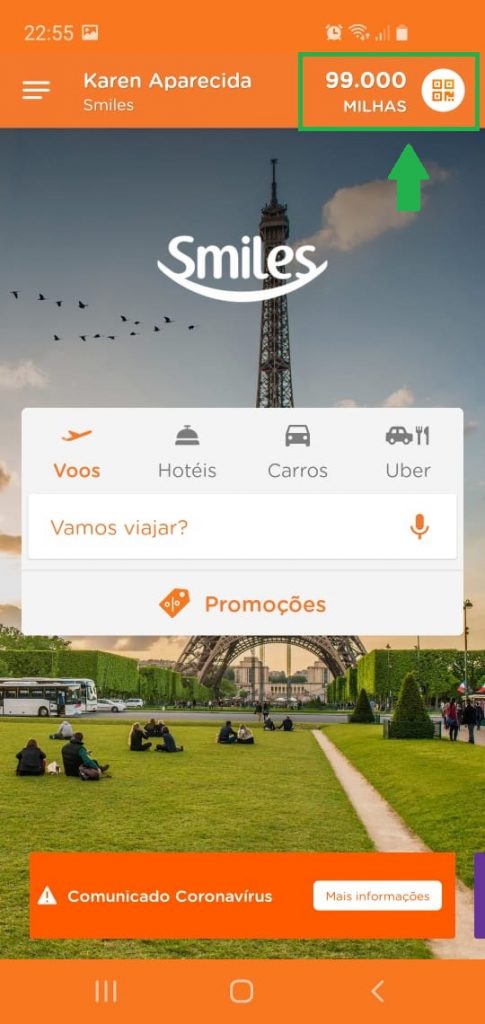 Tela programa Smiles com 99 milhas