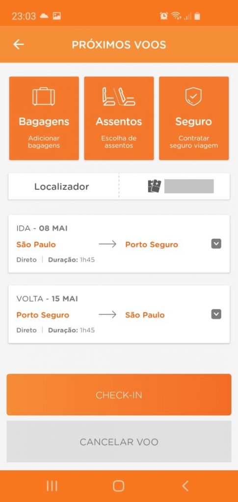 Tela mostrando passagens adquiridas para próxima viagem com Milhas