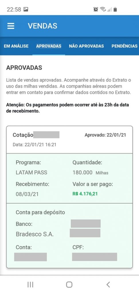 Tela mostrando milhas vendidas da LATAM devido uma viagem cancelada nossa.